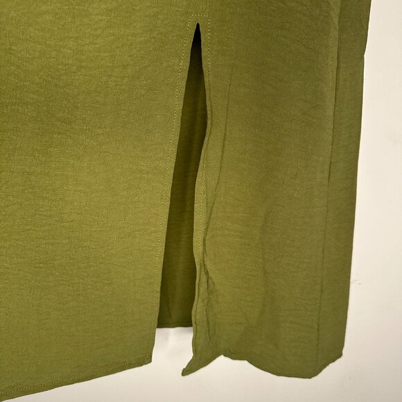 Monteau Los Angeles | Olive Green Midi Dress | Tie Front Puff Sleeve | Size M - Picture 3 of 6